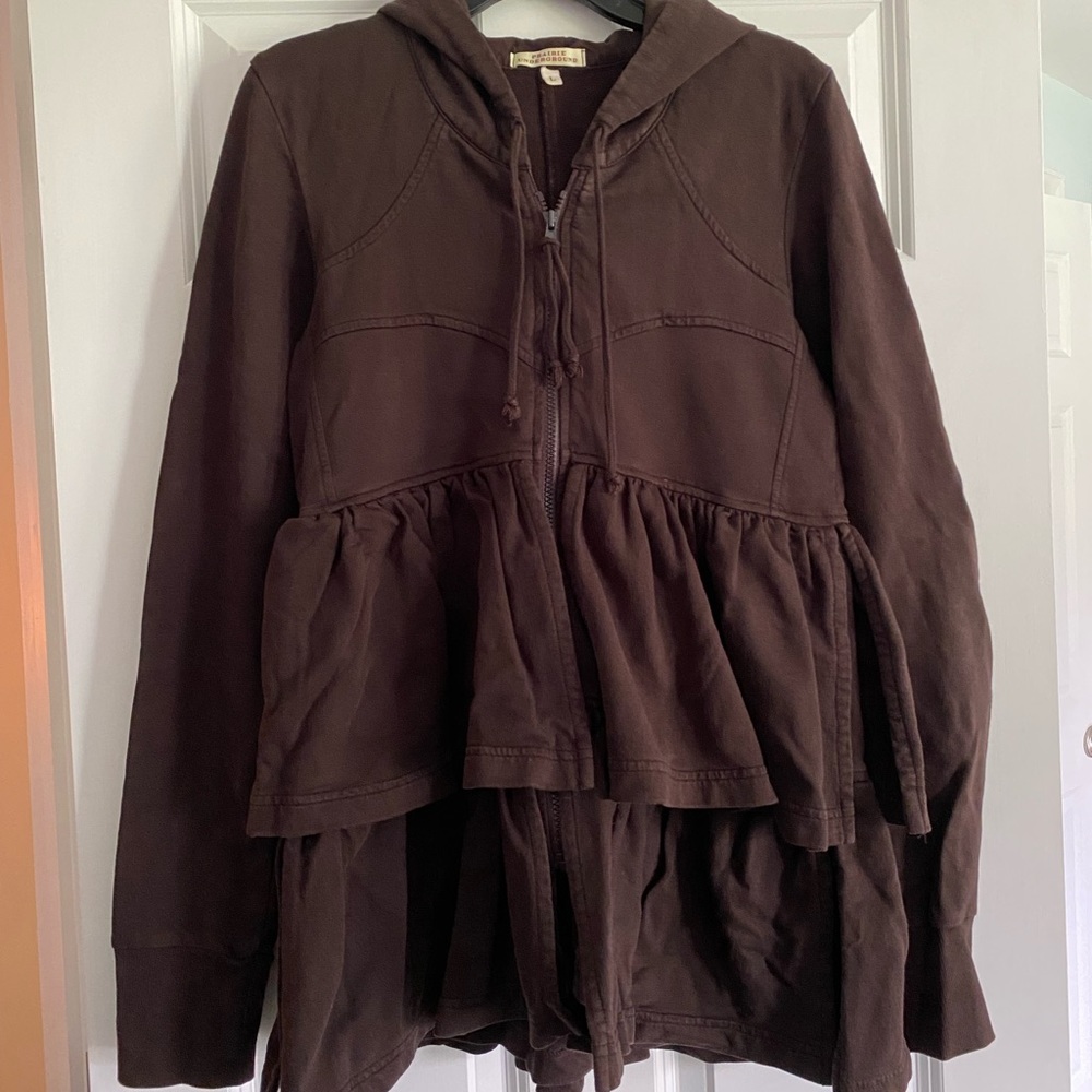 Prairie Underground Sz L fleece hoodie brown tiered zip front organic cotton l/s
